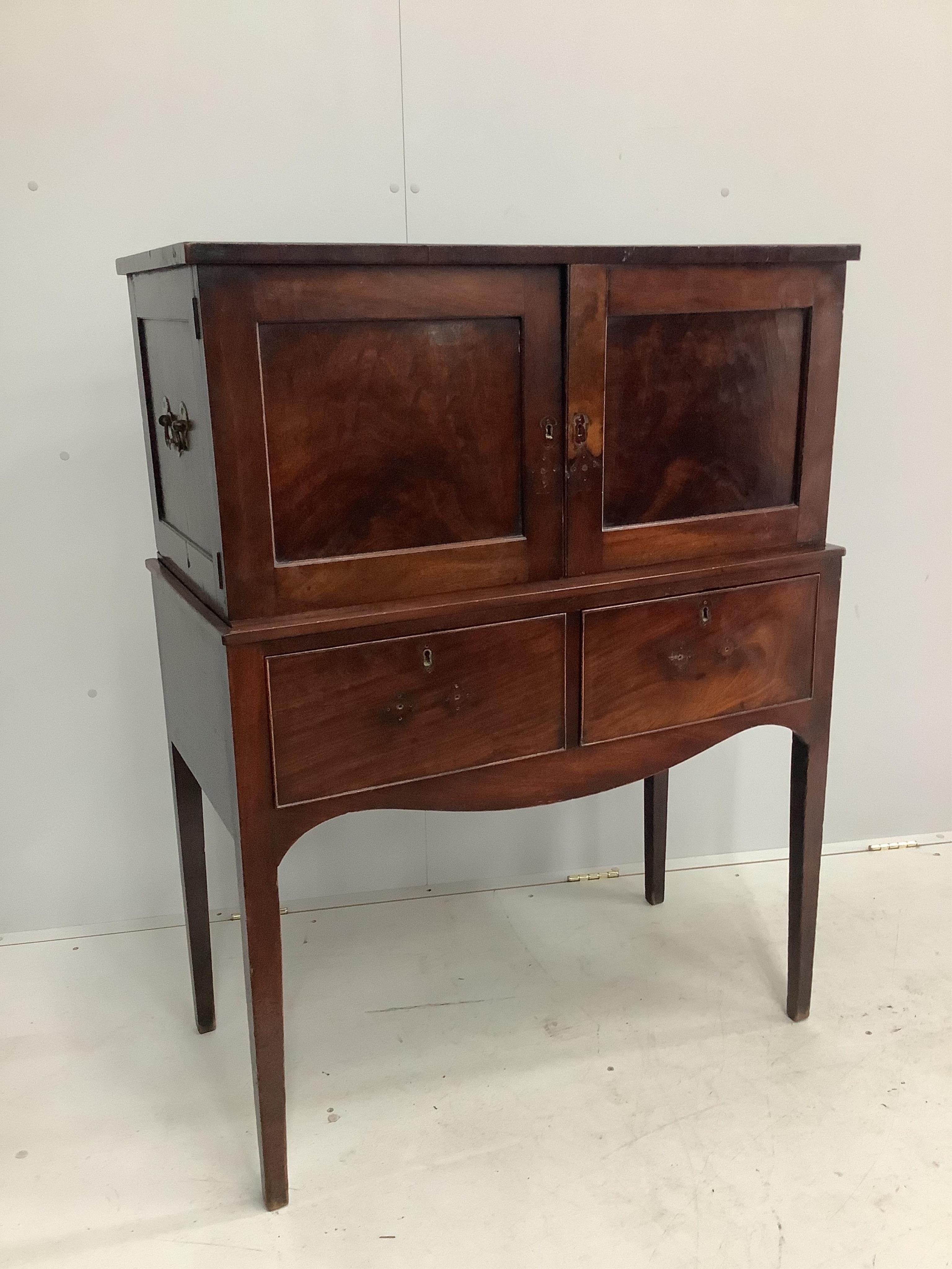 A George III collectors cabinet on stand, satinwood drawer fronts, ebony drawer linings, width 93cm, depth 46cm, height 122cm. Condition - fair